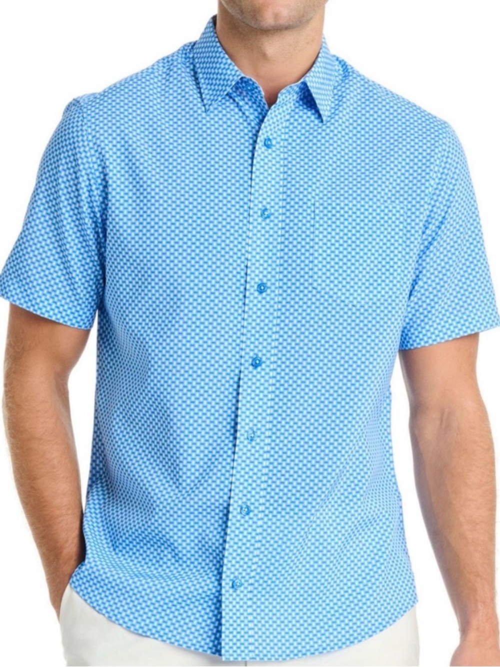 Nick Graham Everywhere Short Sleeve Button Down Shirt XXL Blue Geometric Stretch